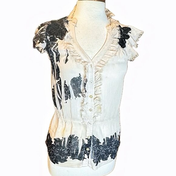 Guess MSRP $72 Blouse Sleeveless Lace Distressed Black Top Beige Button Down SM - Picture 1 of 8
